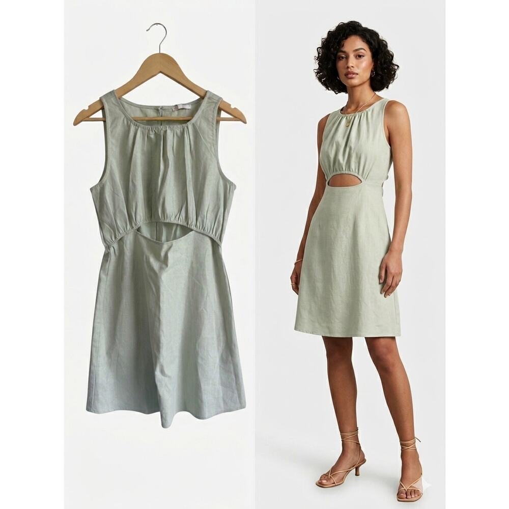 GB Sage Green Cut Out Sleeveless Linen Mini Dress Summer Casual Sundress Medium